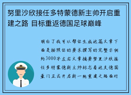 努里沙欣接任多特蒙德新主帅开启重建之路 目标重返德国足球巅峰 努里沙欣接任多特蒙德新主帅开启重建之路 目标重返德国足球巅峰